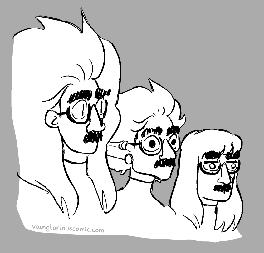 A black and white sketch of Rei, Von, and Hammer wearing groucho glasses as a disguise.